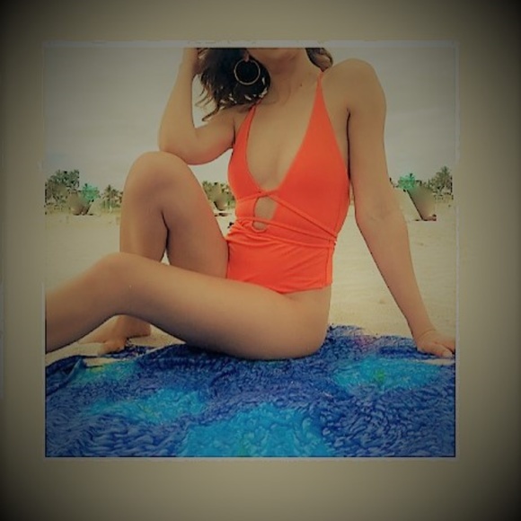 Orange Belted  Plunging Neckline 1 Piece - Picture 5 of 8